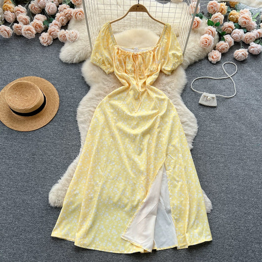 French pure desire high-grade floral puff sleeve dress for women summer slim temperament super fairy forest style slit long skirt