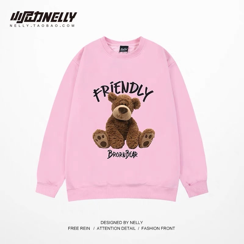 Hong Kong style ins trendy round neck sweatshirt for men bear cartoon print off shoulder pullover spring and autumn heavy long sleeve t-shirt