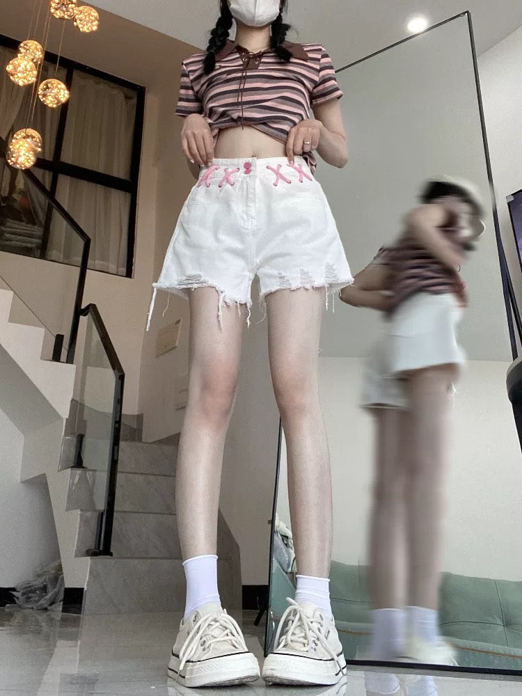 American hot girl style jeans for women in summer for small people, raw edge drawstring shorts, high waist slimming hot pants, straight pants