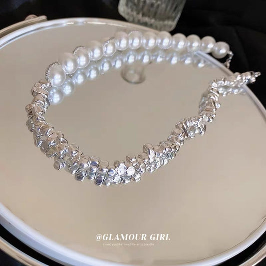 Broken Silver A Few Two Pearl Stitching Necklace Korean High-end Cold Wind Clavicle Chain Temperament Versatile Necklace