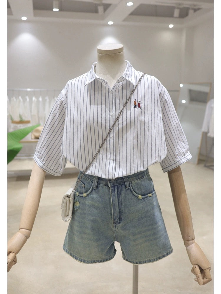 Simple breathable chest embroidery 2024 summer loose slim all-match cotton striped short-sleeved shirt women's shirt