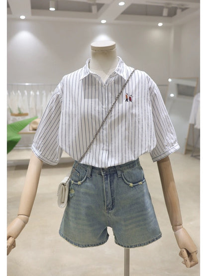 Simple breathable chest embroidery 2024 summer loose slim all-match cotton striped short-sleeved shirt women's shirt