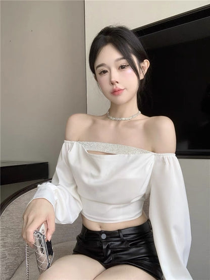 French babes sexy one-shoulder swing collar temperament long-sleeved shirt female design sense short chic top autumn