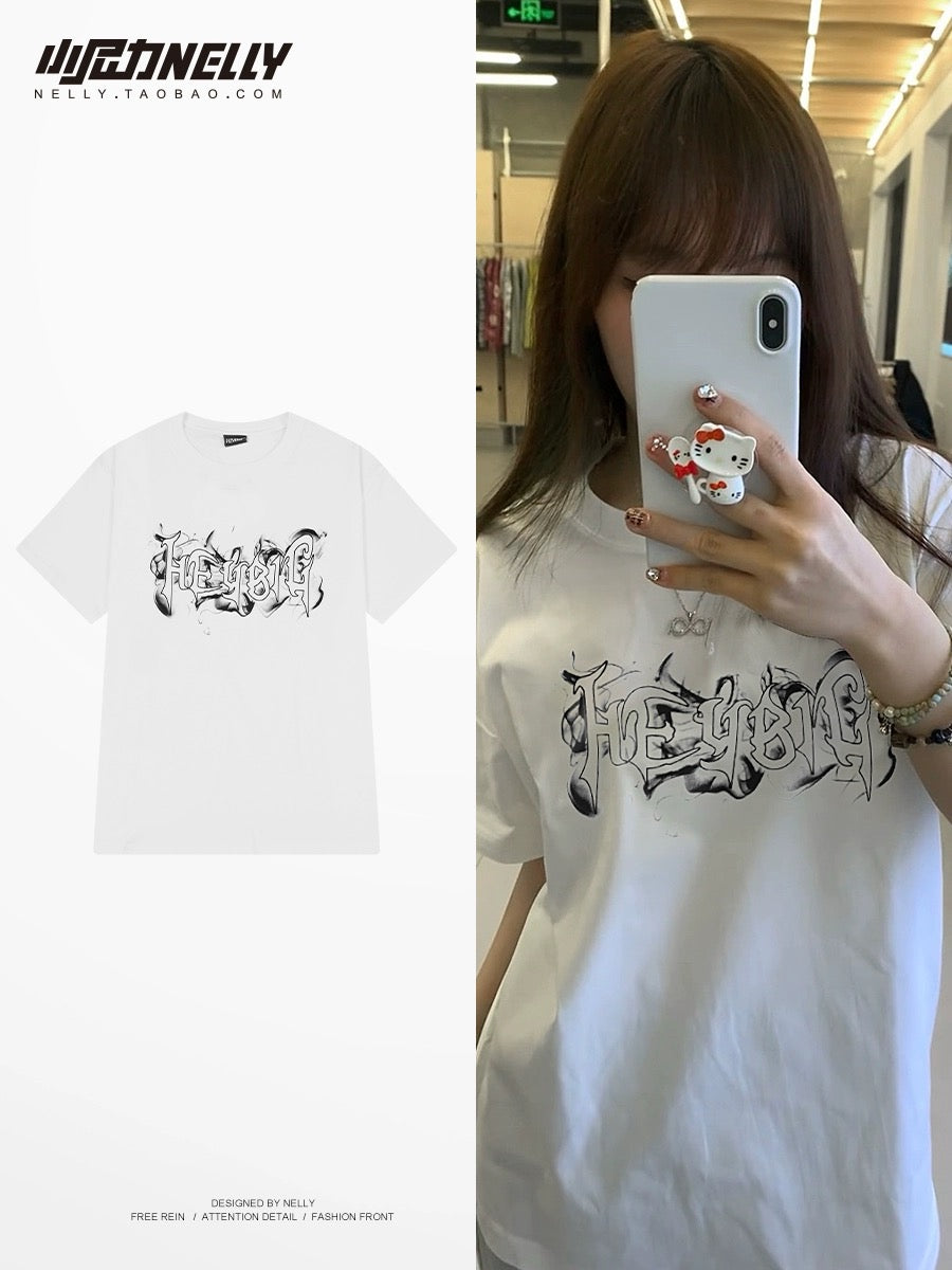 American high street heavy smoke letter short-sleeved T-shirt men and women summer loose round neck top trendy brand youth T-shirt