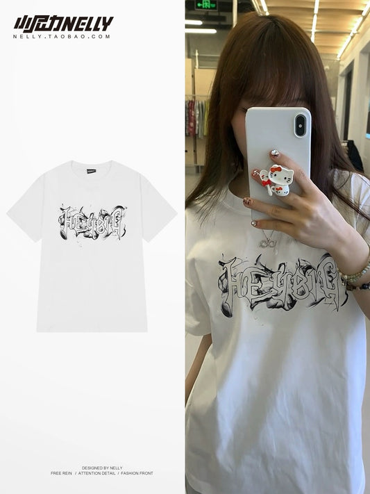 American high street heavy smoke letter short-sleeved T-shirt men and women summer loose round neck top trendy brand youth T-shirt