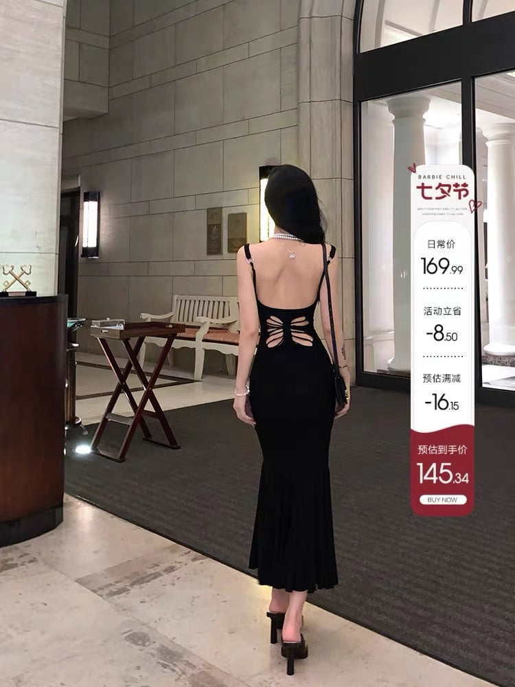 Aunt Barbie Hollow Backless Butterfly Suspender Dress Female Autumn Tight Spice Girl Fishtail Skirt Showing Figure Sexy Long Dress