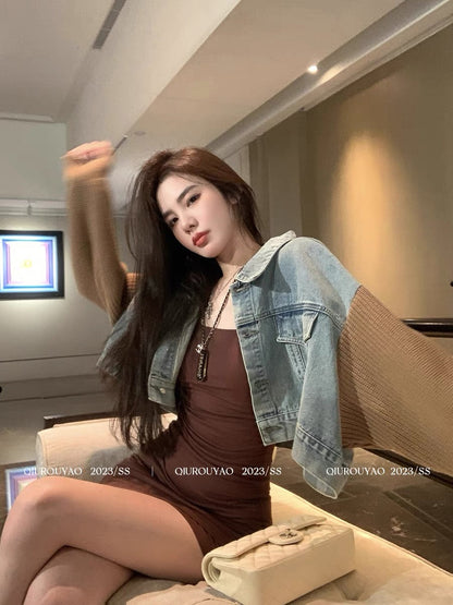 Qiu Rouyao's new Korean style retro long-sleeved short style fashionable slim niche temperament high-end denim jacket for women (J0139)