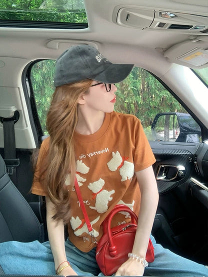American style puppy straight shoulder short-sleeved T-shirt for women 2025 new summer trendy brand retro design niche short top