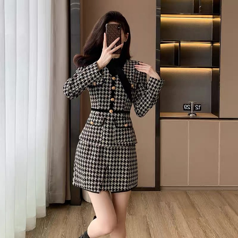 2023 new autumn and winter women's French style high-end fake two-piece houndstooth dress women's waist skirt