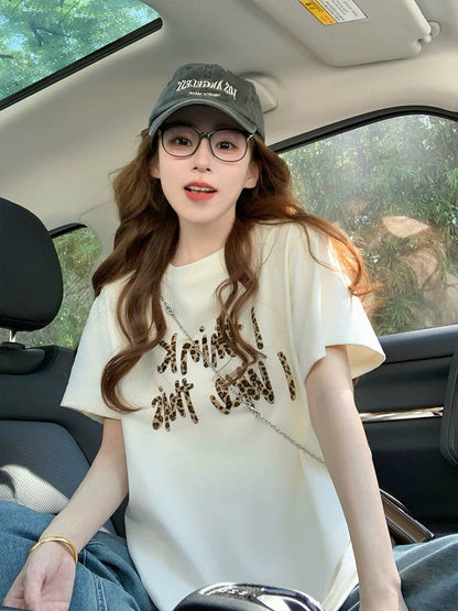 Retro letter print short-sleeved T-shirt for women 2025 new summer American trendy brand leopard print design loose top