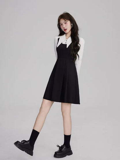 Volstagg French Hepburn style dress women's autumn black and white contrast stitching fake two-piece waist pleated skirt