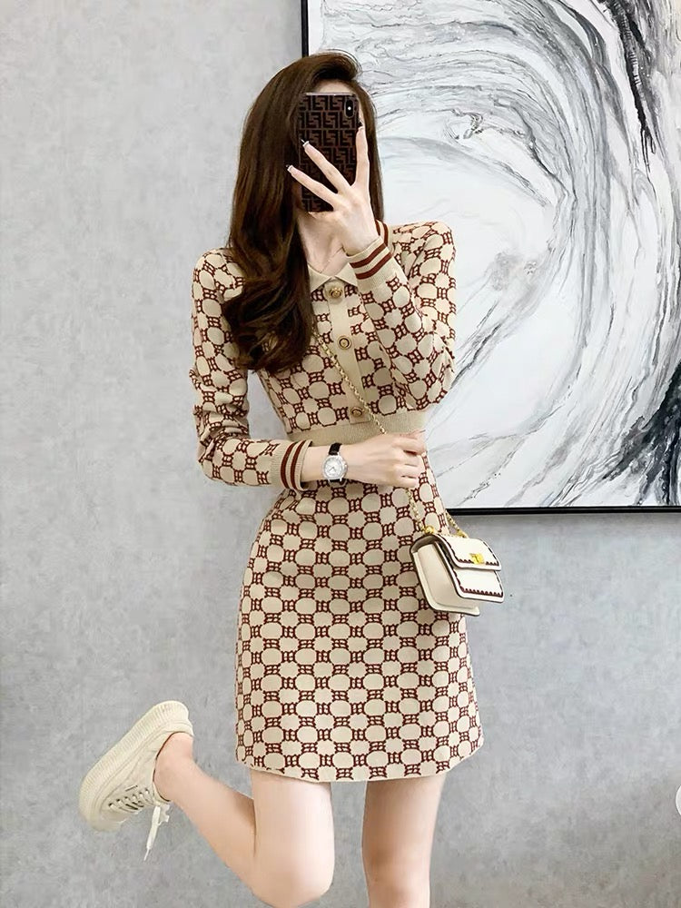 French style small fragrant polo knitted dress for women autumn and winter 2023 new small waist slimming long-sleeved skirt (V5516)