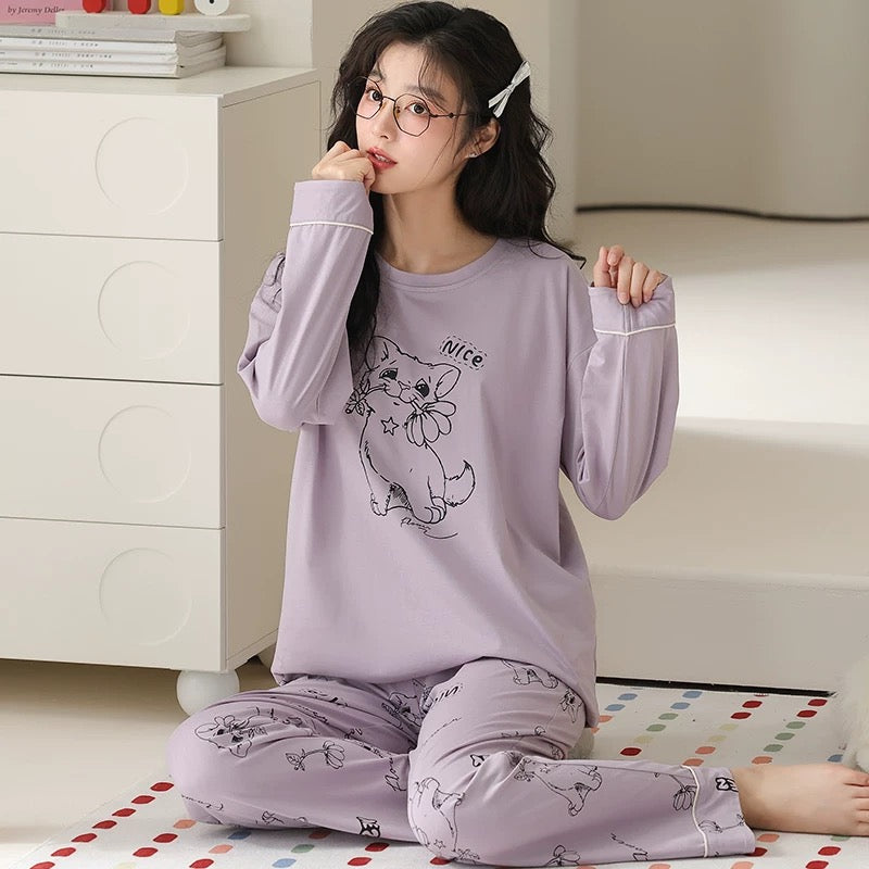 Pajamas for women Spring and Autumn 2024 new long-sleeved cotton large size summer cute autumn and winter home clothes suit