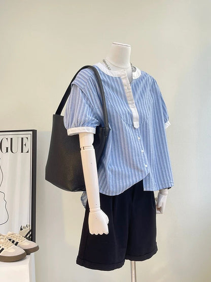 The last wave of new styles in summer~Spliced vertical striped shirts for women Summer design loose and slim short-sleeved tops