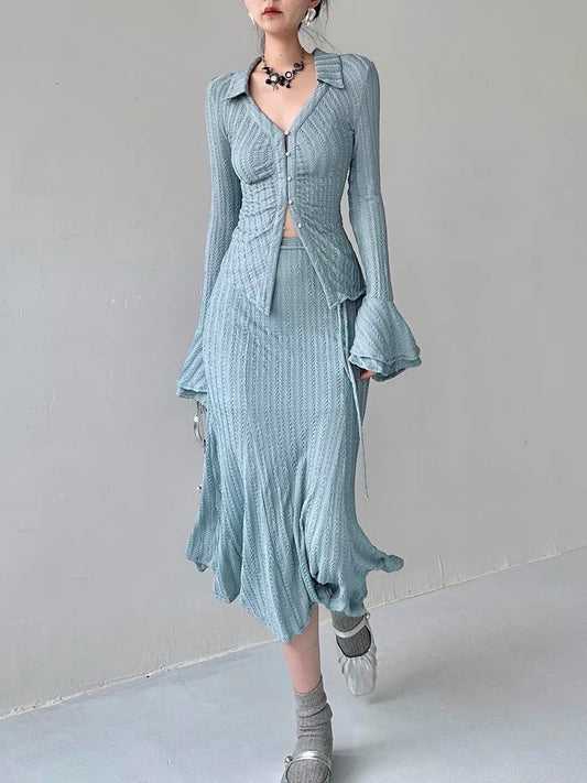 Le Disa Design Blue Knitted Cardigan Bell Sleeve Suit Women's High Waist Slim Slim Skirt Two-piece Set