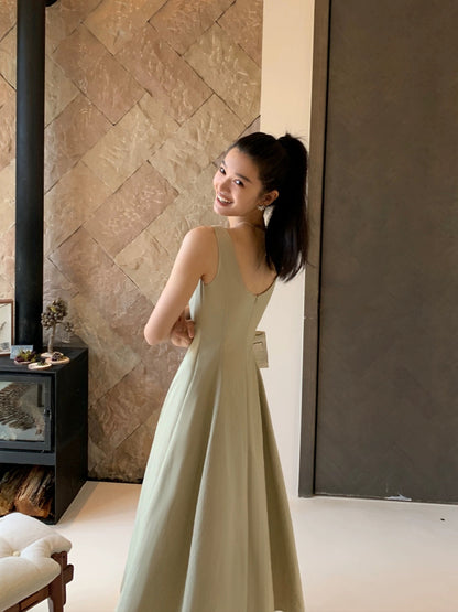 pusumede Hepburn style large U-neck suspender dress female summer new gentle temperament sleeveless waist long dress