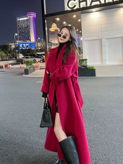 Red double-sided cashmere coat for women mid-length 2023 autumn and winter new style over-the-knee loose temperament wool coat