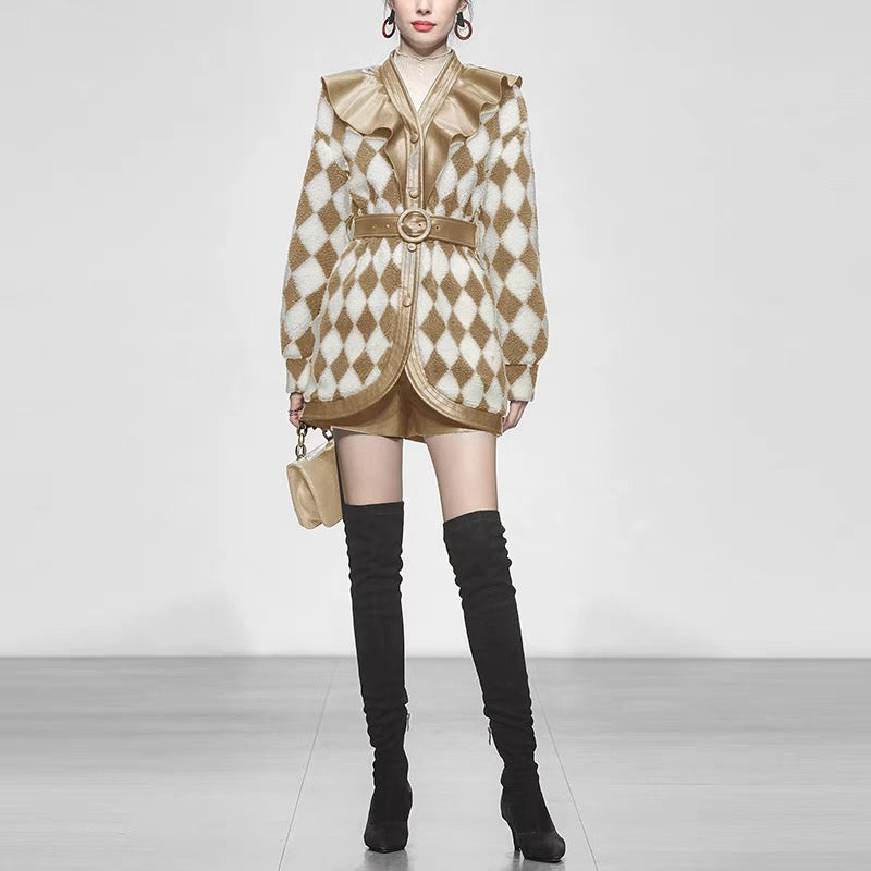 Winter Women's Clothing 2023 New Contrast Color Checkerboard Mid-Length Waist Slimming Fur Coat Slim Fit Fur Coat