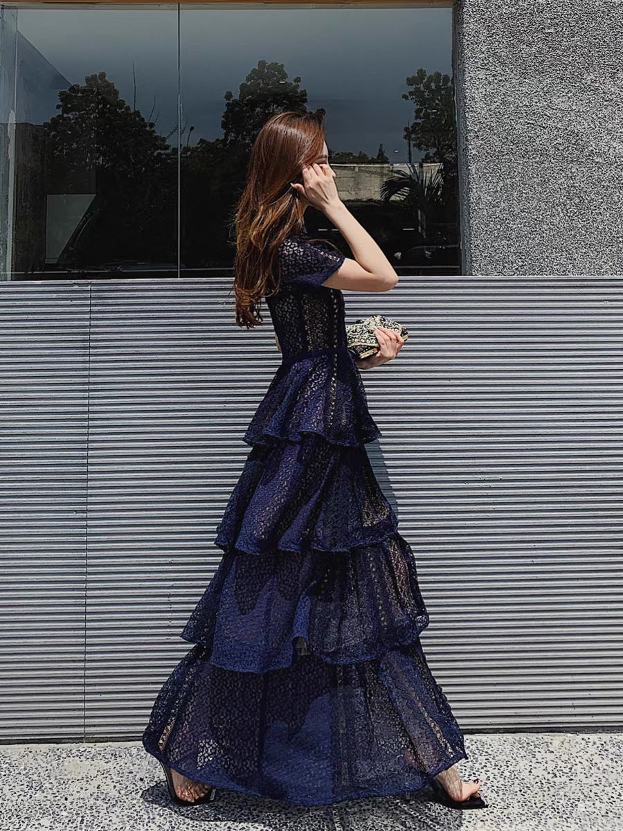 Cake long skirt for women 2023 new summer dress British style exquisite lace navy blue short-sleeved dress evening dress (D164)