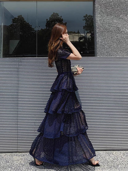 Cake long skirt for women 2023 new summer dress British style exquisite lace navy blue short-sleeved dress evening dress (D164)