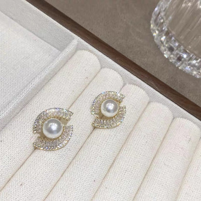 Real gold electroplated silver needle irregular diamond-studded pearl earrings fashion high-end sense earrings small fresh temperament earrings for women