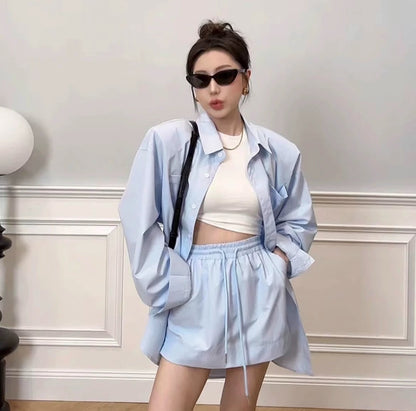 2024 early spring and autumn new Korean lazy style loose long-sleeved solid color sunscreen shirt + short skirt two-piece suit summer