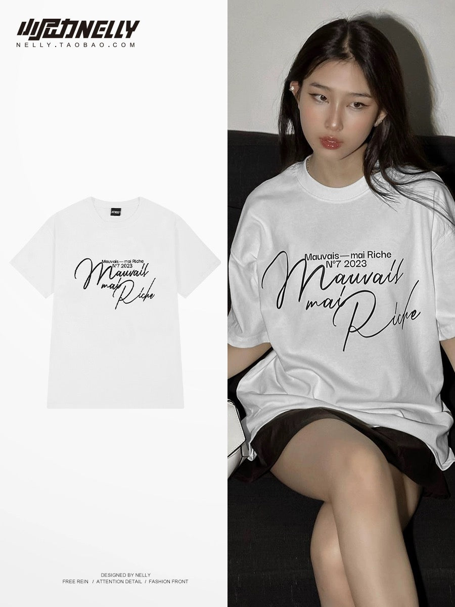 Guochao brand oversize high street graffiti letter short-sleeved T-shirt for men and women in summer couples American street short-sleeved TEE