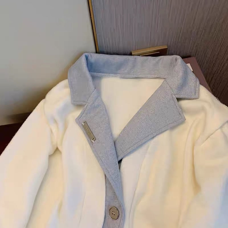 Sweet and high-quality false two-piece suit collar splicing sweater for men and women winter French loose lazy style knitted jacket
