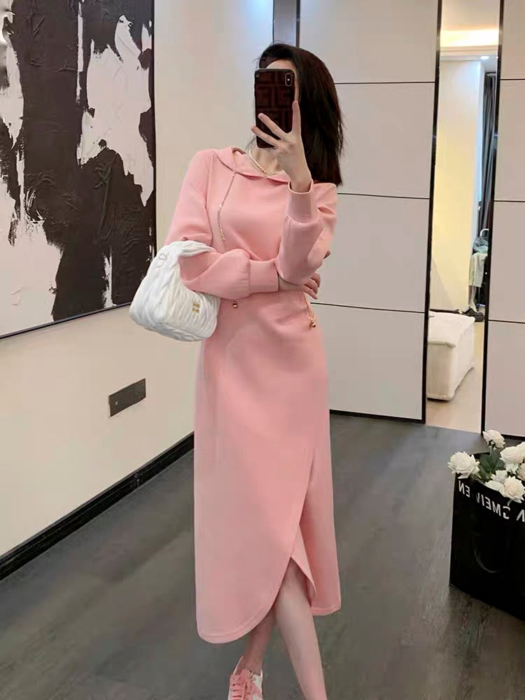 Hooded pink sweatshirt skirt women's autumn new waist slimming mid-length casual temperament bottoming dress (V6618)