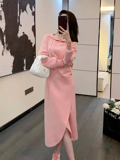 Hooded pink sweatshirt skirt women's autumn new waist slimming mid-length casual temperament bottoming dress (V6618)