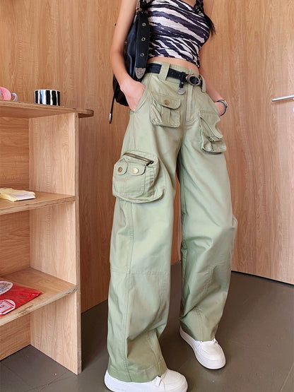 Earth Store Bean Green American High Waist Slim Loose Straight Workwear Style Casual Pants Women's Spring and Summer New Floor-Mopping Pants