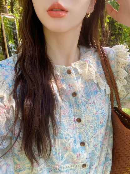 Berry's custom-made doll collar embroidered smudged shirt retro floral lantern sleeve top