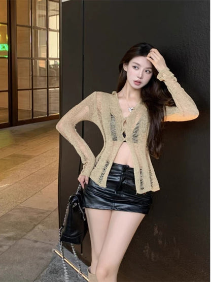 Sexy American Slim Short Chic Tops Hollow Sunscreen Thin Cardigan Design Sense of Niche Long Sleeve Women Autumn and Winter