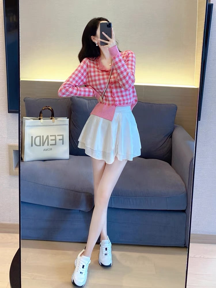 Knitted Cardigan Women's Early Autumn 2023 New Women's Top Small Slim Pink Plaid Short Jacket Sweater (S4447)