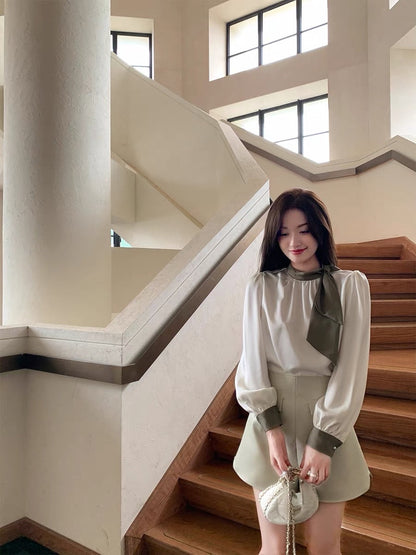 cchen Chen Chen French tie-collar bow high-end sense color contrast shirt design sense small top temperament autumn