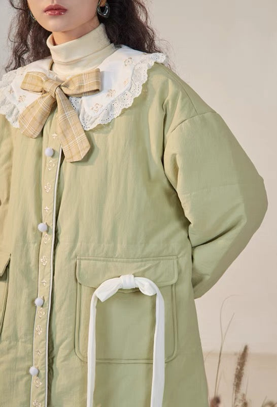RUKIA/Green Winter Cotton Clothes Women's Design Niche Mid-Length Loose Korean Style Gentle Wear Trendy Winter Clothes V1156
