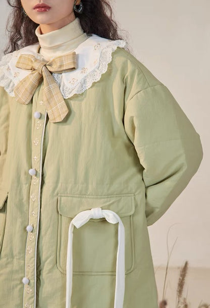 RUKIA/Green Winter Cotton Clothes Women's Design Niche Mid-Length Loose Korean Style Gentle Wear Trendy Winter Clothes V1156
