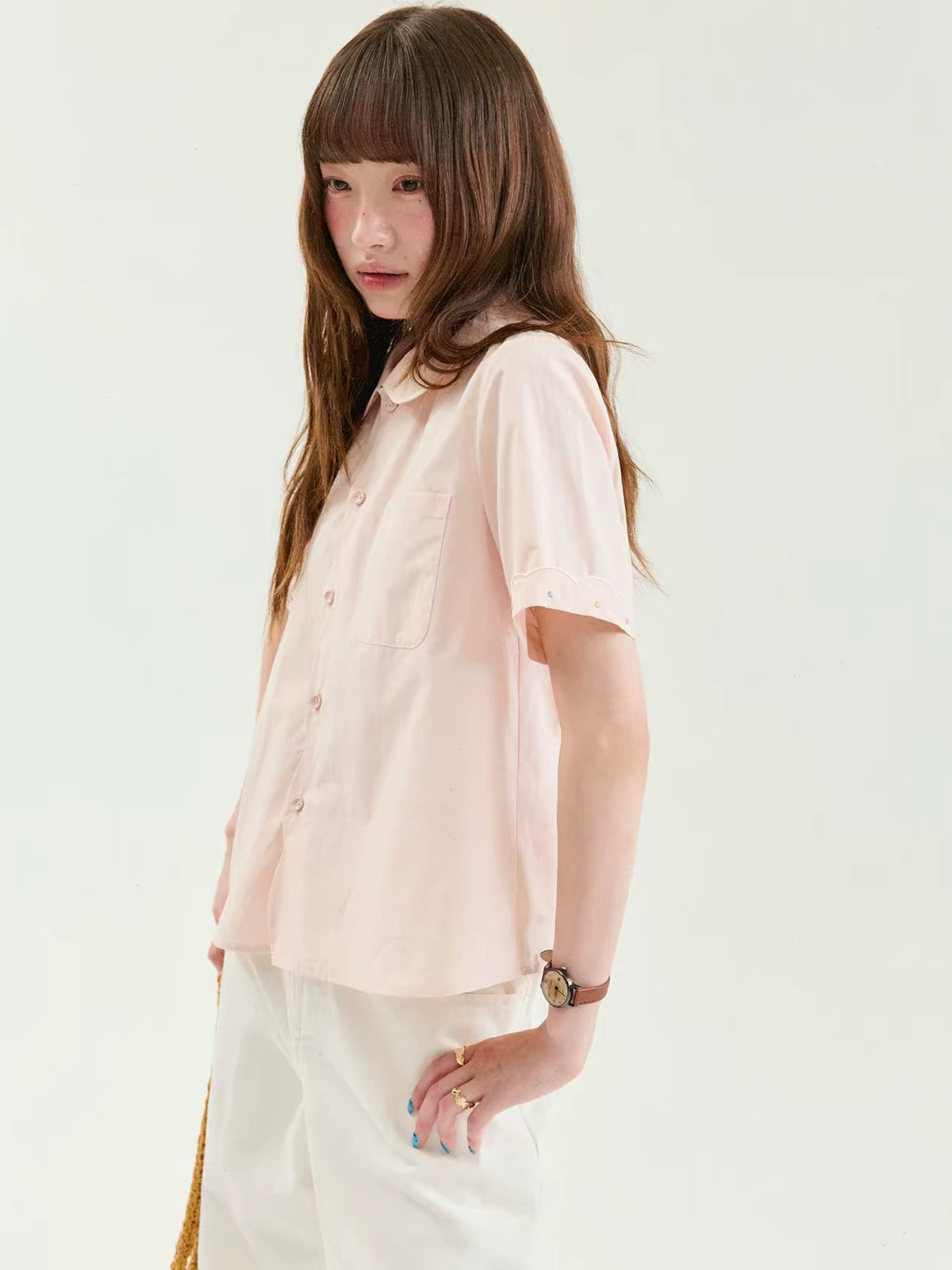 [Beidao AMUU Original] Women's Summer Short-Sleeve Cotton Shirt – Sweet Pink Top with Scalloped Edges and Single-Breasted Design