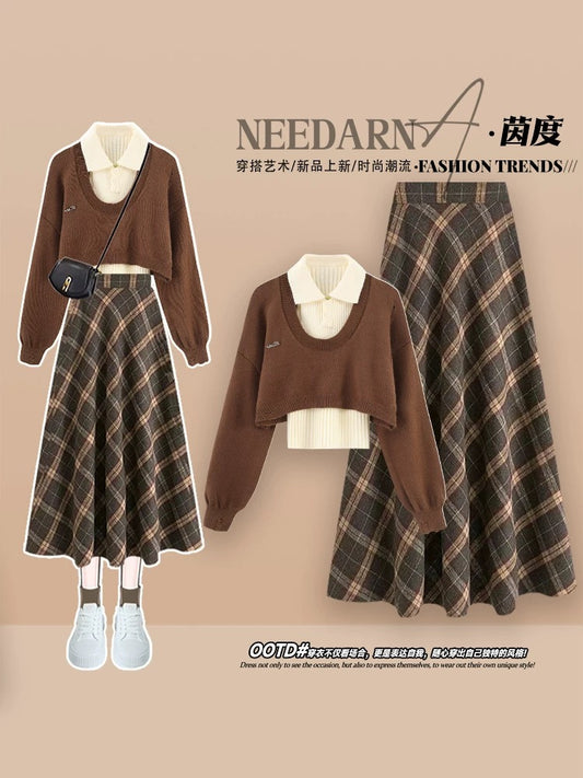 Maillard wears new autumn and winter plaid dresses, women's sweaters, high-end French platycodon two-piece suits