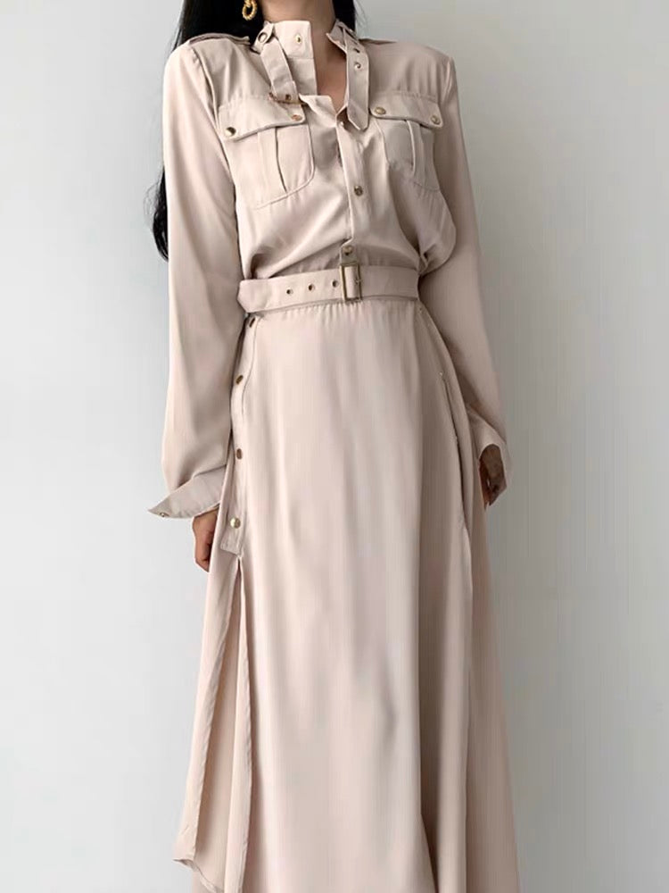 Plus size goddess style shirt style women's 2023 spring and autumn new design lace-up waist long skirt