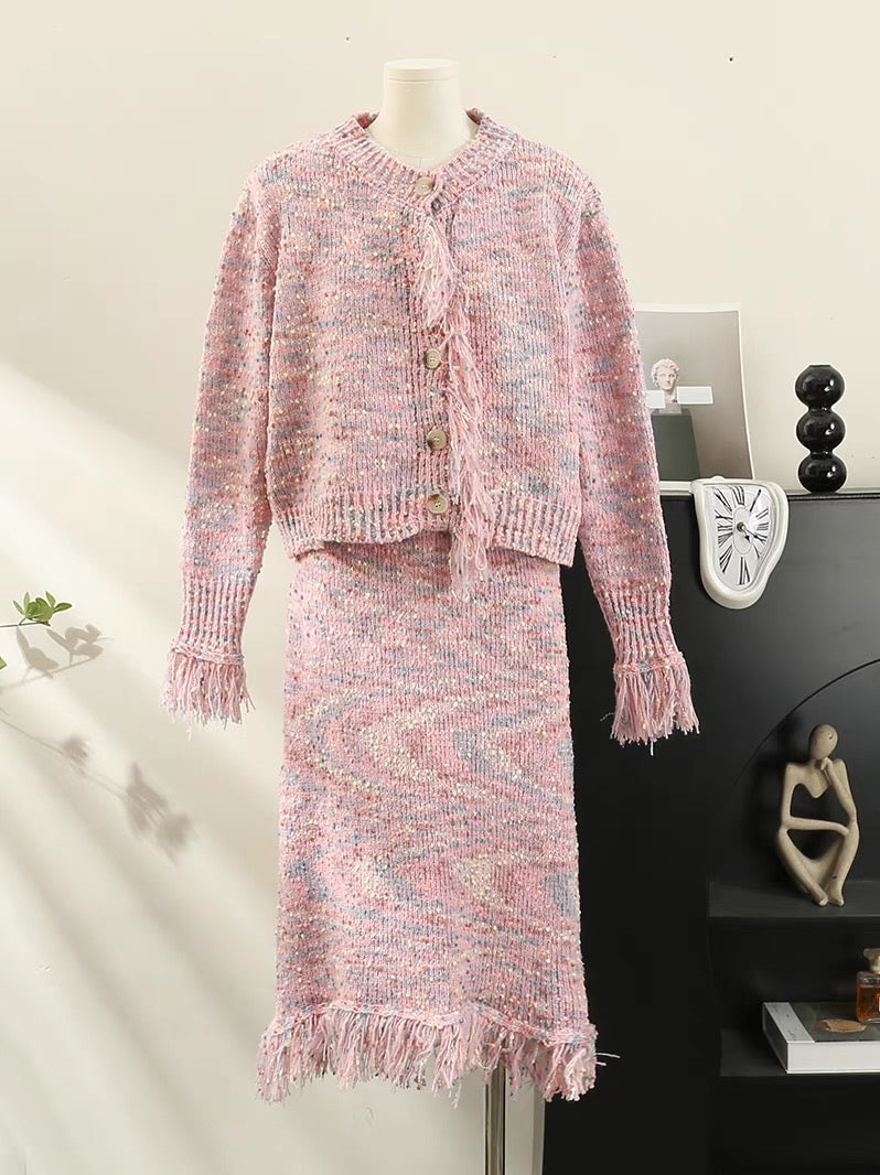 Color dot tassel knitted suit for women autumn and winter 2023 new style gentle wind soft waxy sweater cardigan skirt two-piece set