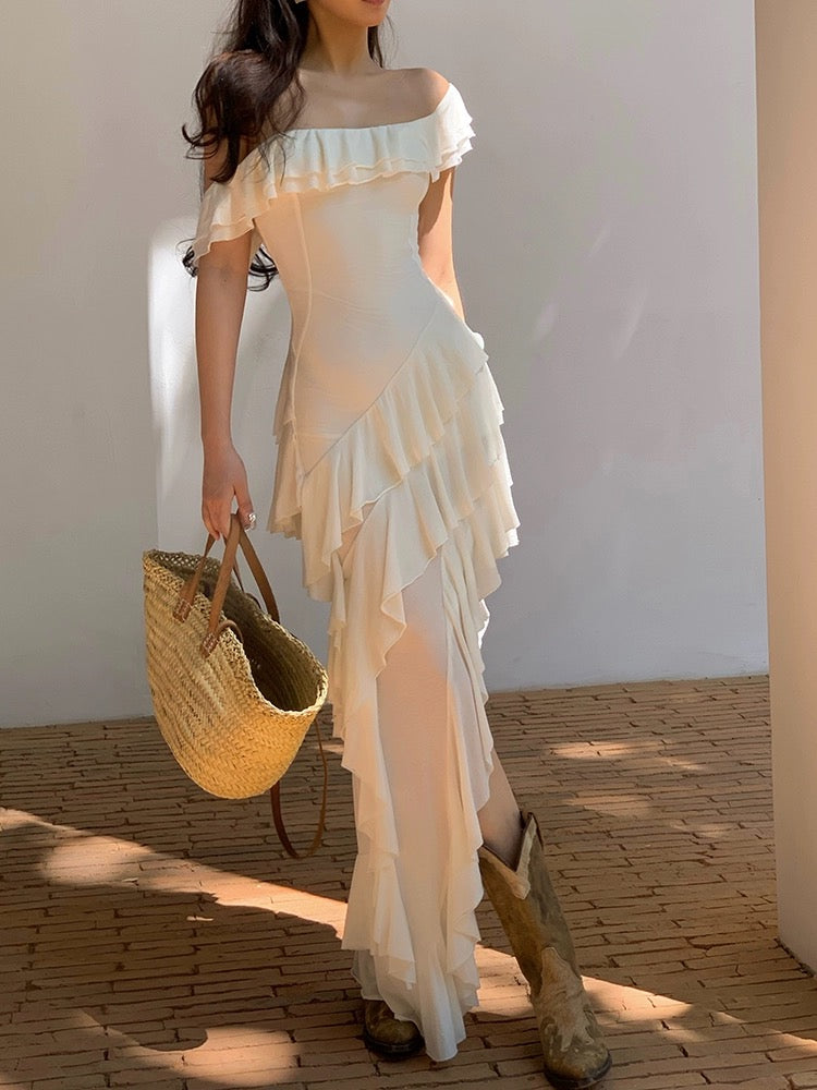 Xiaoli XIAOLI Snow Willow Tencel Wool One Shoulder Sling Dress Temperament Niche Design Ruffled Long Skirt