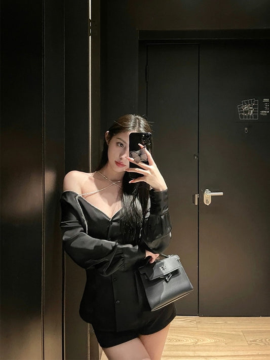 For Fay【Drink a Cup Plan】Diamond Chain Halter Neck Strapless Long-sleeved One-Word Neck Slim Black Satin Shirt