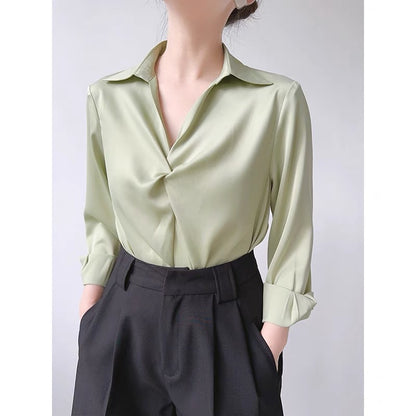 ACHU Love at First Sight Blue Satin Shirt Women's Professional Commuting OL Interview Shirt Design Top Light Mature T367
