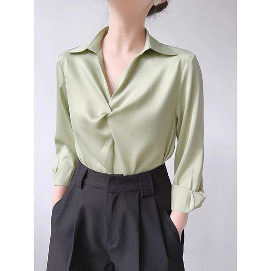 ACHU Love at First Sight Blue Satin Shirt Women's Professional Commuting OL Interview Shirt Design Top Light Mature T367