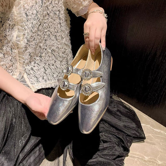 Extravagance golden ~ shallow mouth girls flat shoes women's spring and autumn round toe single shoes French women's shoes with rhinestone buckle Korean version