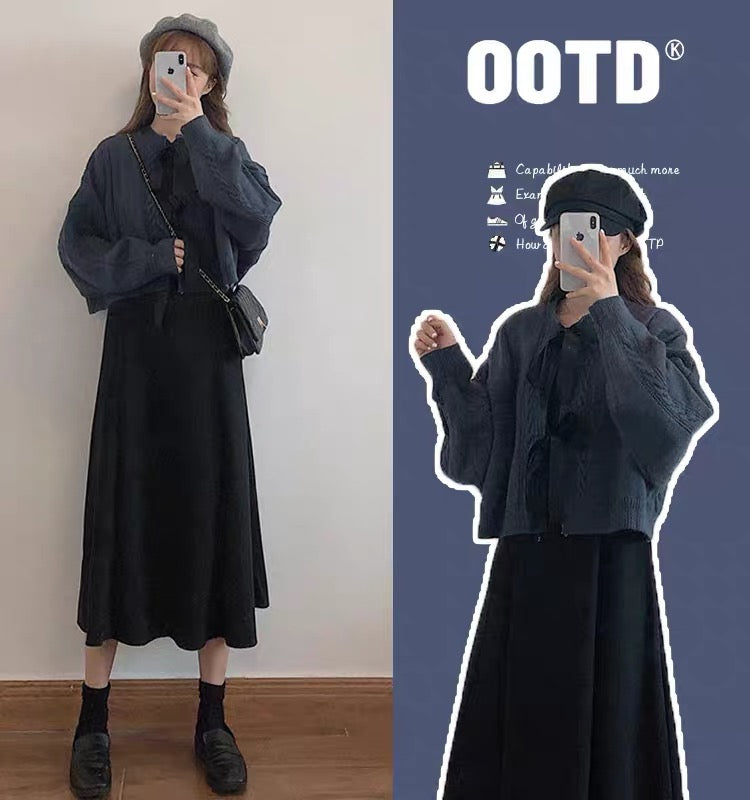 Maternity wear autumn 2023 new suit slim and stylish two-piece set bow sweater cardigan suspender skirt autumn and winter
