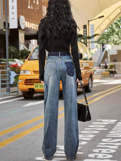 Niche design high-waisted straight-leg jeans for women with wide-leg curves and slimming 2023 autumn new contrasting color floor-length pants (P136)