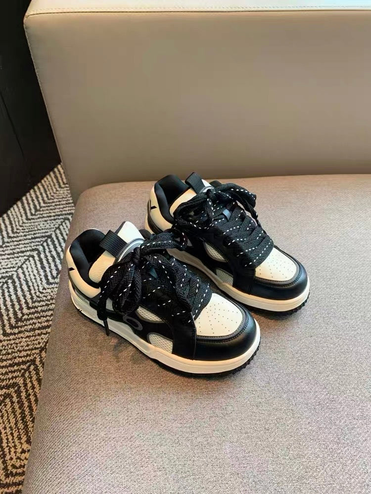 Board shoes women's shoes 2023 autumn new Korean style lace-up color matching leather mesh breathable thick-soled women's casual shoes