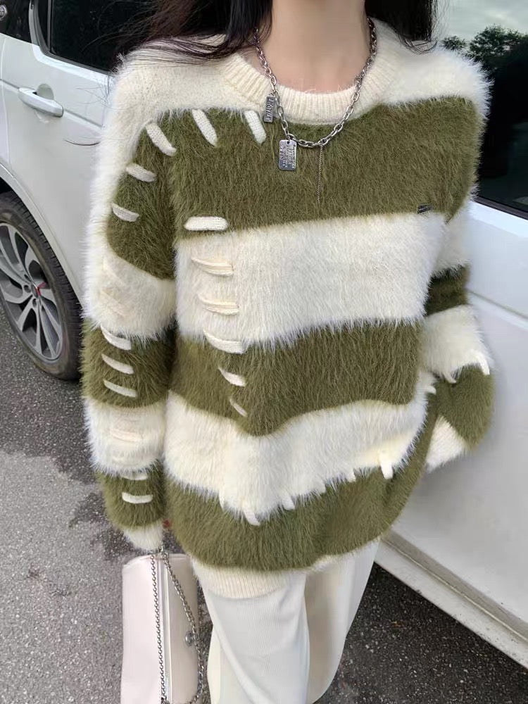 Lazy design plush knitted sweater top 2023 autumn and winter women's pullover thickened mink velvet striped sweater